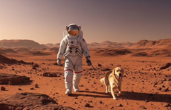 Surreal image of red planet with astronaut walking alongside dog in space gear, the environment vast and quiet, radiating warmth and wonder