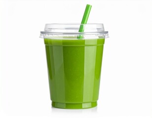 A green smoothie in a clear plastic cup with a lid and a green straw, isolated on white.