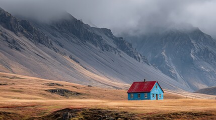 Isolated blue house with red roof stands against majestic misty mountains