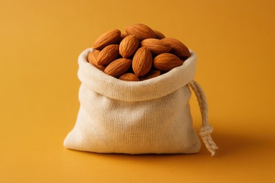 Small textured drawstring bag filled with almonds in clean background 