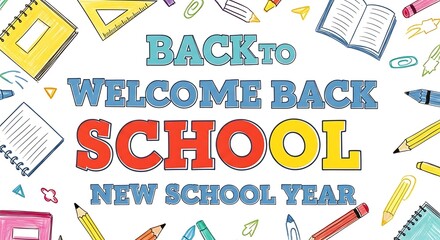A back to school themed illustration with school supplies and back to school message in bold letters