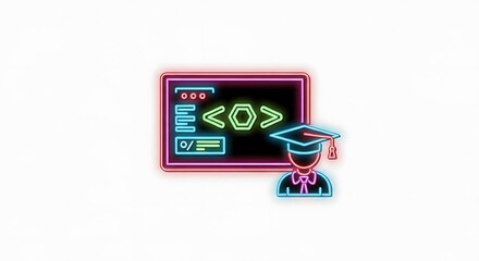 Fototapeta premium A neon sign showing code on a screen and a graduate with a cap on a white isolated background