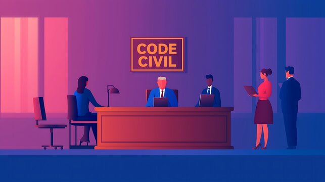 A stylized illustration of a courtroom scene with a judge and four individuals discussing legal matters under a "CODE CIVIL" sign.