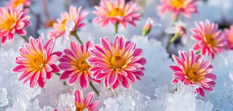 Vibrant frozen germini blossoms, summer colors, icy texture,  frozen flora,  colorful background