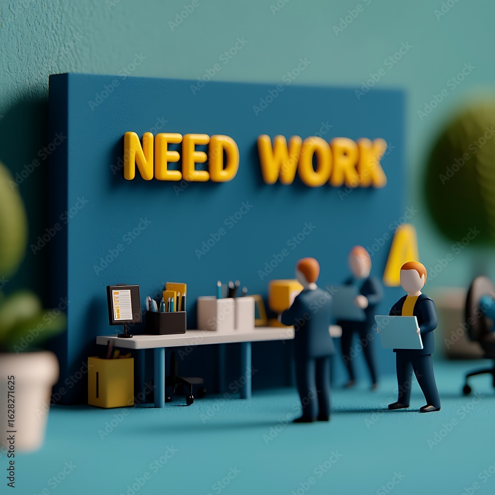 Poster a colorful miniature scene depicting figures in a workspace, emphasizing the message 