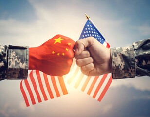Two fists, one painted with the Chinese flag and the other with the American flag, collide against a sky background.