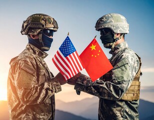 US and Chinese soldiers face off, holding their respective national flags against a dramatic mountain backdrop.