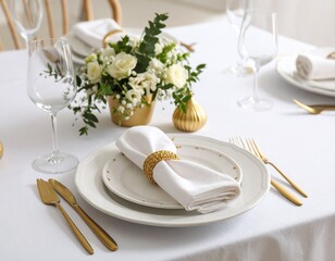 Elegant table setting with white linen, gold cutlery, and floral arrangement on a white tablecloth.