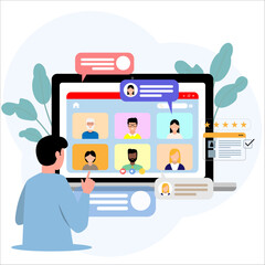 Concept of remote team meeting via video call. Diverse professionals collaborating online with chat, ratings, and task tools. Modern virtual workspace concept.Flat vector design