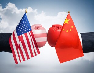 Two hands in business suits hold boxing gloves, each holding a flag, representing the US and China, symbolizing geopolitical tension.