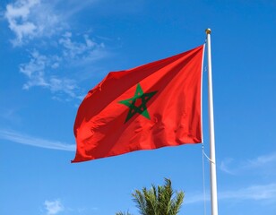 The Moroccan flag waves proudly against a clear blue sky, with a glimpse of greenery below.