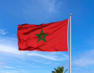 Moroccan flag billowing proudly against a vibrant blue sky, partially obscured by a palm tree.