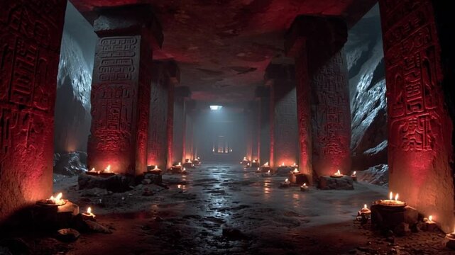 Dark atmospheric corridor with stone pillars engraved with symbols, illuminated by candlelight