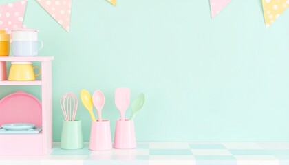 Whimsical Pastel Toy Kitchen Utensils and Cookware with Bunting on Mint Background