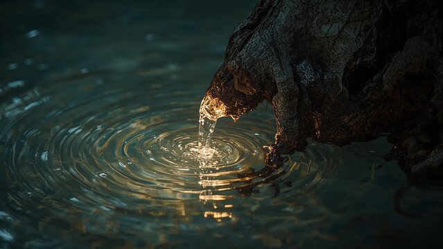 Close-up of flowing water emerging from bioluminescent mushrooms in temperate rainforest creating concentric circles in a tranquil pond surface under diffused lighting