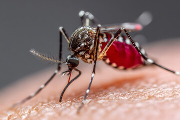 female Aedes aegypti mosquito feeding on human skin