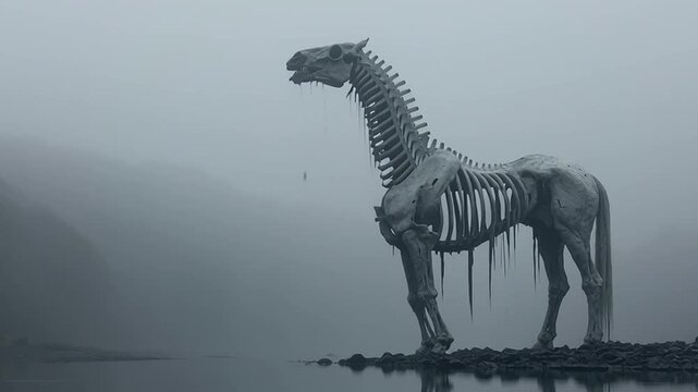 An eerie skeletal horse stands alone at the edge of a still lake, surrounded by heavy mist and leafless trees