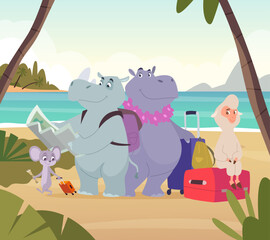Animal travellers. wild cartoon animals standing on beach