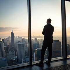 Successful Businessman Contemplating Cityscape at Sunrise:  Strategic Vision, Leadership, and Future Goals.