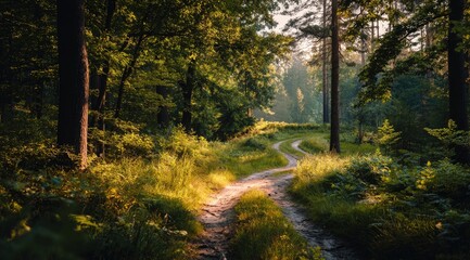Obraz premium Sunlight streams through a winding forest path. Lush greenery surrounds a dirt road