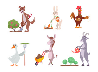 Animals gardening. Funny cartoon wild animals working in garden harvesting fruits exact vector outdoor characters
