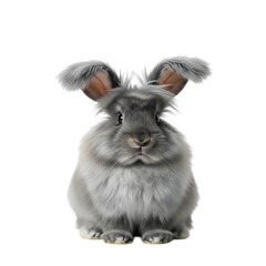 A cute and fluffy grey rabbit with long ears, sitting and looking forward, isolated on transparent background
