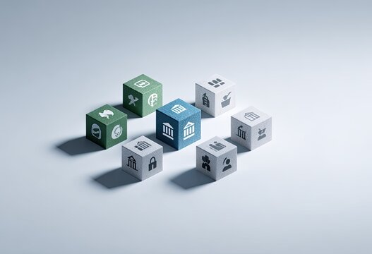 Organized cubes, various icons, light background