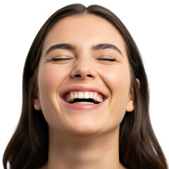 Closeup portrait of a happy young woman laughing with eyes closed, isolated on transparent background