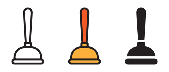 Comparison of Three Plunger Icons. Outline, Colored, and Solid Styles for Household Tool Design.