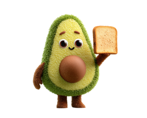 Cartoon avocado character holding toast slice