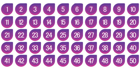 Purple Gradient Number Icons 1–50 – Stylish Modern Teardrop Labels for UI, Infographics, and Digital Projects