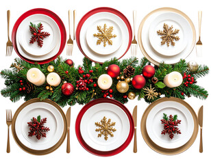  Festive Christmas Eve Table Setting with Candles, Ornaments, and Snowflake Decorations, isolated PNG   
