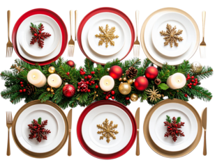  Festive Christmas Eve Table Setting with Candles, Ornaments, and Snowflake Decorations, isolated PNG   