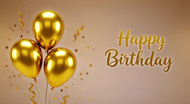 Three shiny gold balloons with celebratory confetti and the words "Happy Birthday" in a gold script font