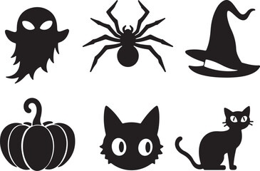 Fototapeta premium Spooky Halloween silhouettes featuring ghost, spider, cat, pumpkin, hat