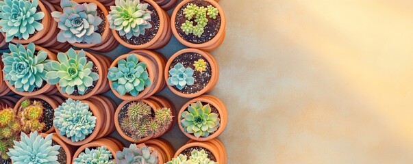 Succulents in terracotta pots arranged in rows.