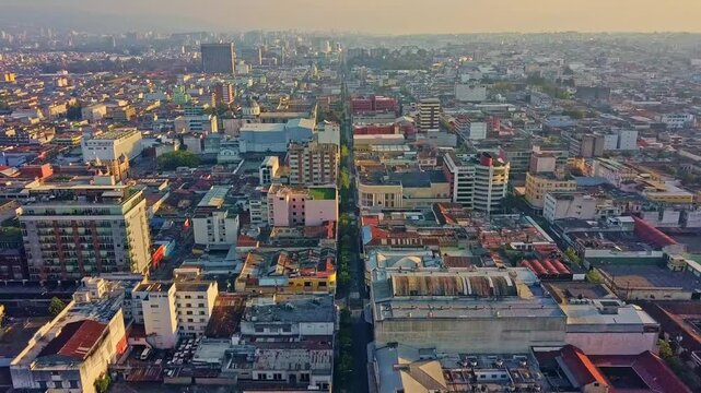 Aerial view of Guatemala City. Drone shot at sunset.