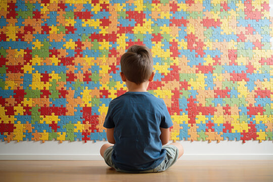 A boy sitting cross legged facing a wall covered in colorful puzzle pieces in a well lit room