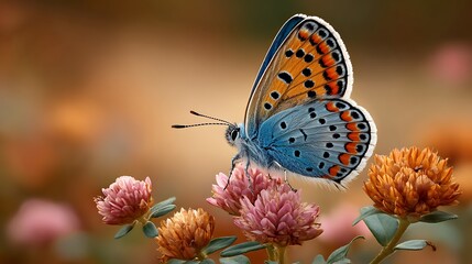 Beautiful blue and orange butterfly perched on pink clover flowers