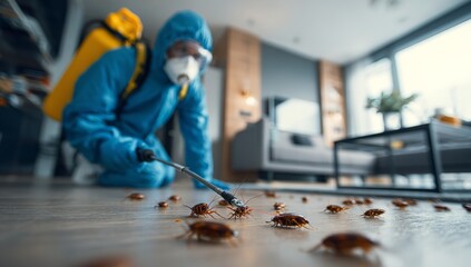 Pest Control Worker in Protective Suit Using Drill for Cockroach Spray Treatment in Modern Apartment with Visible Insects