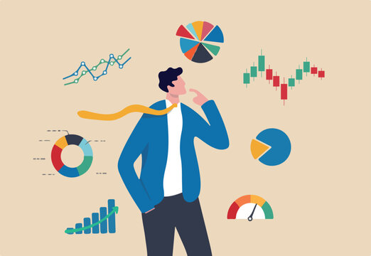 Businessman financial data analysis, economic and growth diagram, stock market exchange data, investment analysis, growth earning income concept, businessman thinking with data chart and graph.