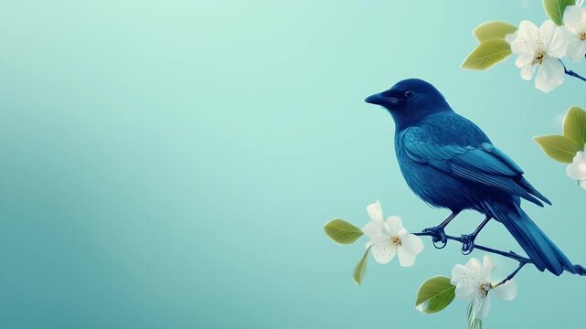 Bluebird perched on blossom branch, spring, soft background, nature design