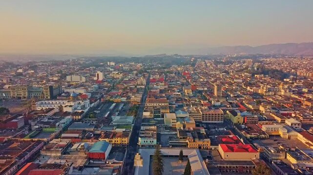 Aerial view of Guatemala City. Drone shot at sunset.