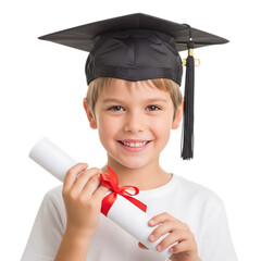 Happy young boy wearing a graduation cap and holding a diploma scroll with a red ribbon, isolated on transparent background