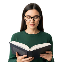 Young woman wearing glasses and a green sweater, intently reading an open book, isolated on transparent background