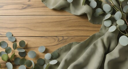 Soft green fabric draped over a wooden surface, accompanied by fresh eucalyptus leaves, creating a serene and natural atmosphere, perfect for home decor and styling projects.