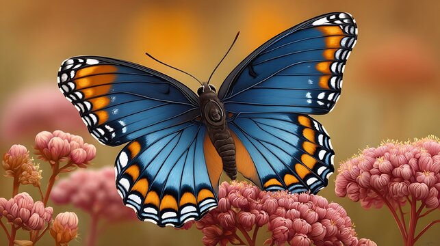 Vibrant blue butterfly with orange accents rests on pink flowers