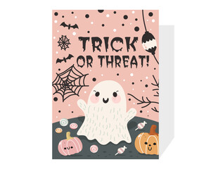 Halloween greeting card with cute ghost, pumpkins, spiderweb, bats and phrase “Trick or Threat!” in playful pink tones. Vector illustration.