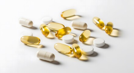 A variety of dietary supplements, including vitamin tablets and omega-3 fish oil capsules, scattered on a clean white background for a health and wellness concept