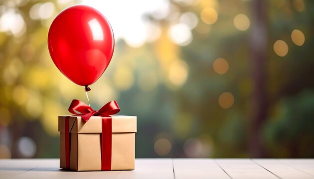Red Balloon Floats Above Gift Box with Red Ribbon, Bokeh Background - Powered by Adobe